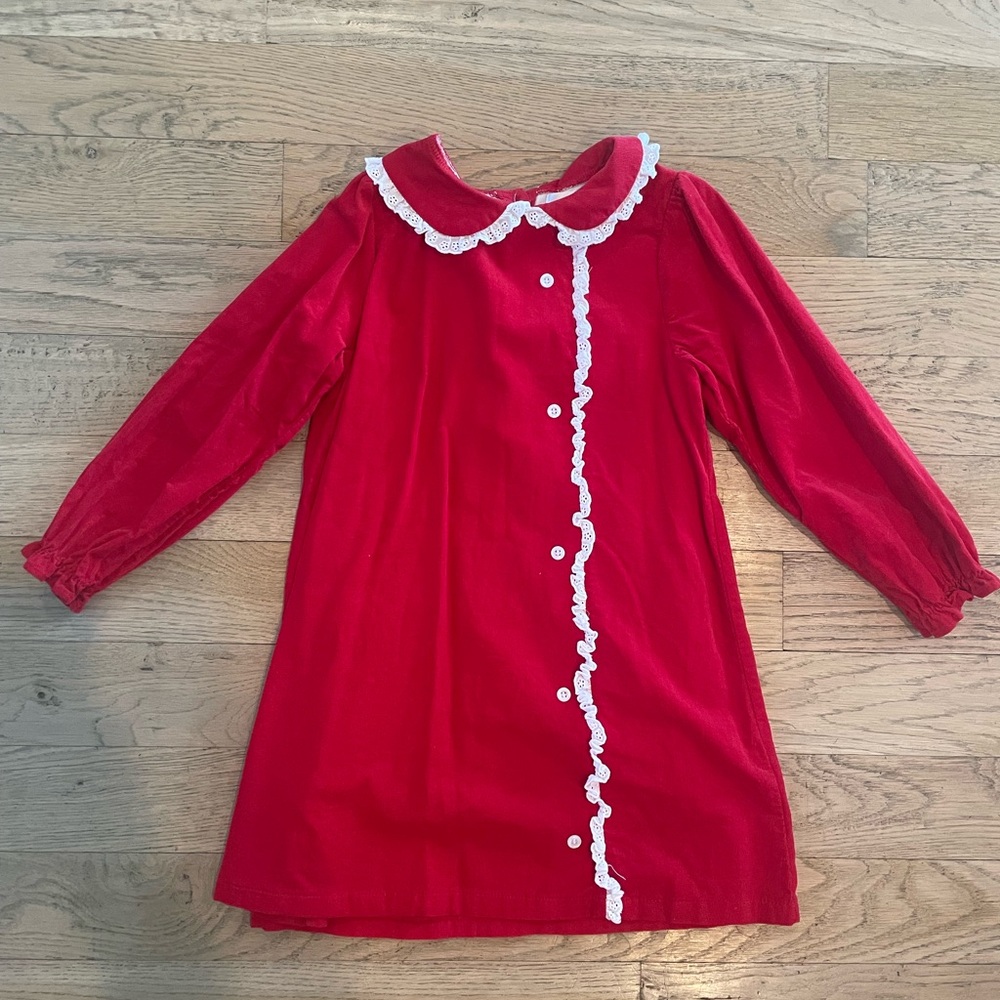 Red Girls' Corduroy Dress with Eyelet Trim